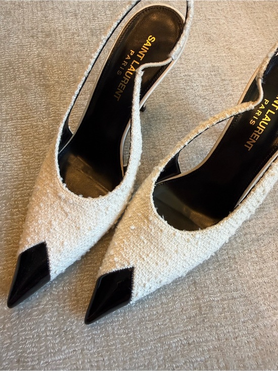 Saint Laurent Shoes - Saint Laurent Cream Tweed Slingback Pumps with Black Patent Pointed Toe